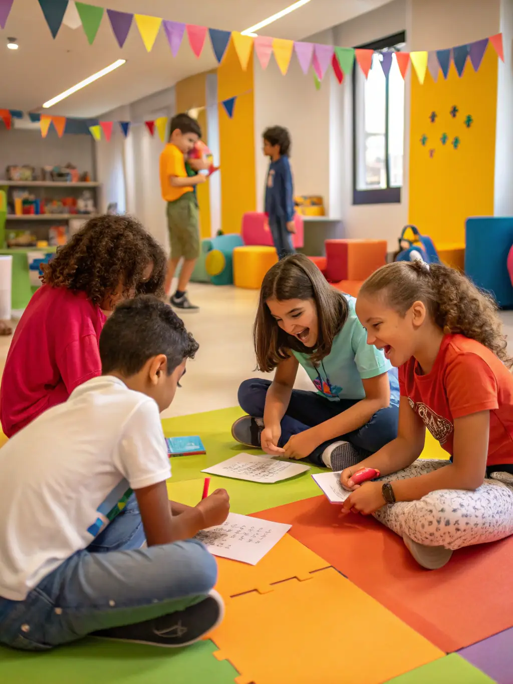 A creative workshop scene with children and adults painting masks and building props together, tables covered with art supplies, and a facilitator guiding the group.