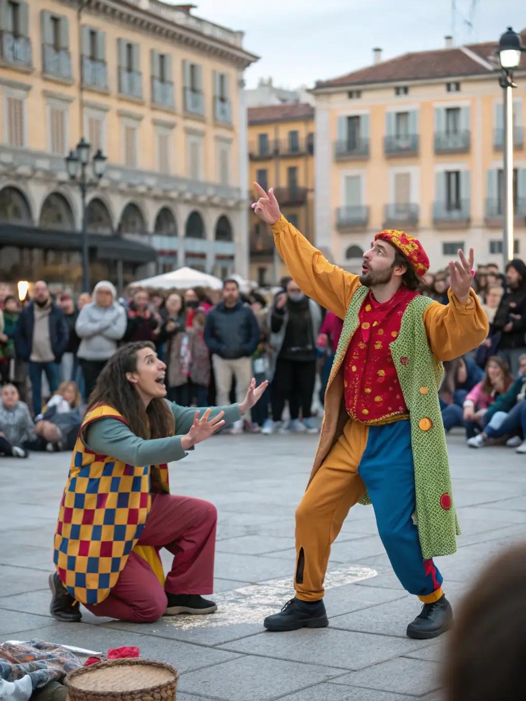 A group of actors in theatrical costumes performing a comedic play in a park, with children and families watching and laughing, surrounded by trees and festive decorations.