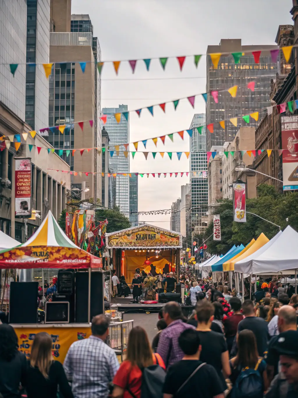 A lively street parade with jugglers, stilt walkers, and musicians weaving through a festive crowd, colorful banners and confetti in the air.